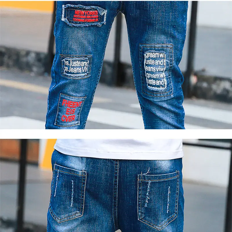 6 Baby Boys Patched Jeans Ripped Denim Pants Letters Applique Broken Hole Trousers Teens Casual Elastic Waist Children Clothing