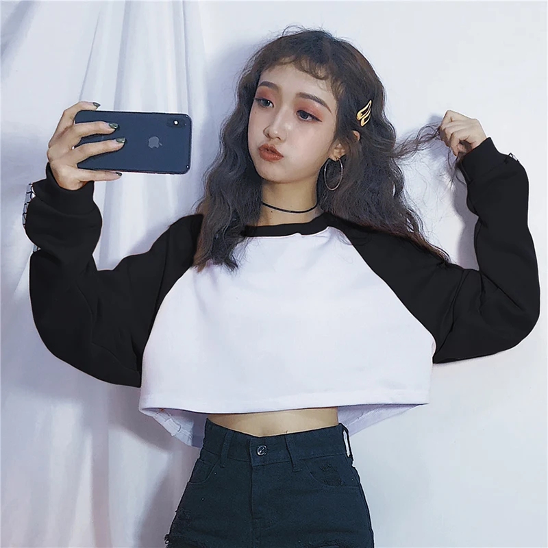 Harajuku Hit Color t-shirt mujeres 2018 manga larga Patchwork Crop Top camiseta mujeres Tops ulzzang Punk camisetas mujer