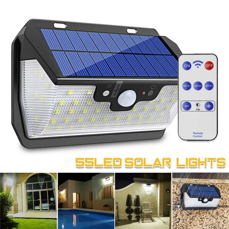 

New 55LEDs Solar Wall Light USB Rechargeable+PIR Motion Sensor Solar Lamp Outdoor Waterproof Security Lighting for Garden Yard