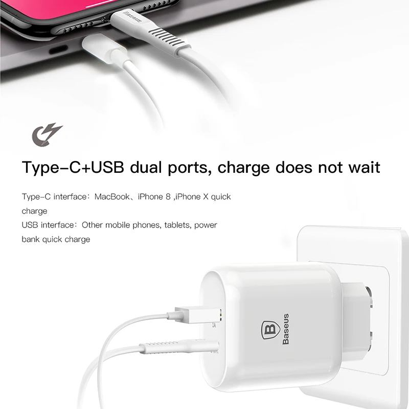 Baseus USB зарядное устройство type-C PD Быстрая зарядка для iPhone 11 Pro Max X адаптер с PD кабелем Быстрая Зарядка телефона зарядное устройство для samsung