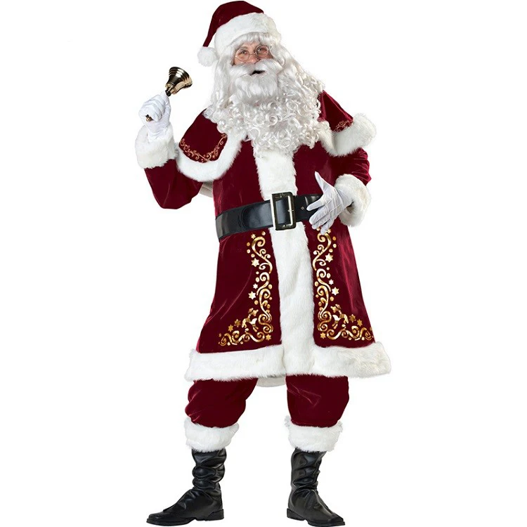 Полный комплект рождественских костюмов Санта-Клауса для взрослых; Красная рождественская одежда для мужчин; рождественское платье для женщин; роскошные костюмы Санта-Клауса