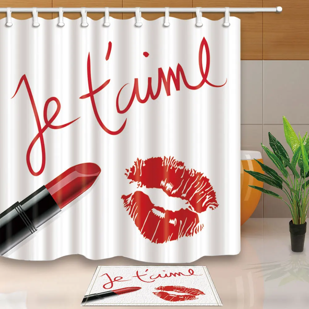 

Modern Simple Style Shower Curtains Lipstick Lip Print Bathroom Curtains Waterproof and Mildew Proof With 12 Plastic Hooks