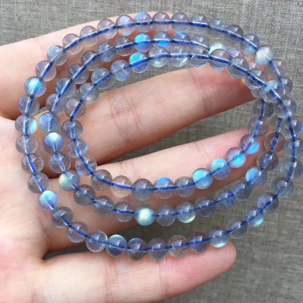 Genuine Natural Blue Labradorite Bracelets 5mm Blue Lights 3 Laps Lady Stretch Necklace Crystal Round Beads Bracelet (3)