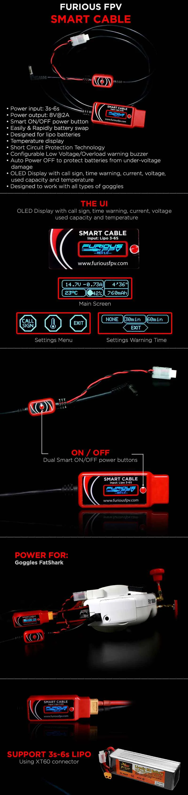 FuriousFPV умный кабель провод 125 см поддержка 3-6S LiPo батарея для FPV очки наземная станция RC FPV гоночный Дрон Запчасти Аксессуары