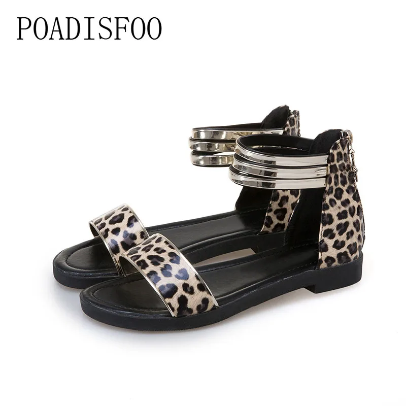 

2018 summer flat sandals female Leopard wild students shoes open toe comfortable casual color mixed zipper sandals.FZZ-2663