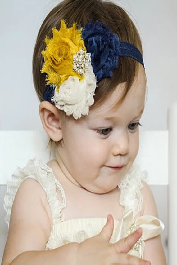 Baby Headband, Navy Mustard Yellow Shabby Headband Baby Girl Headband