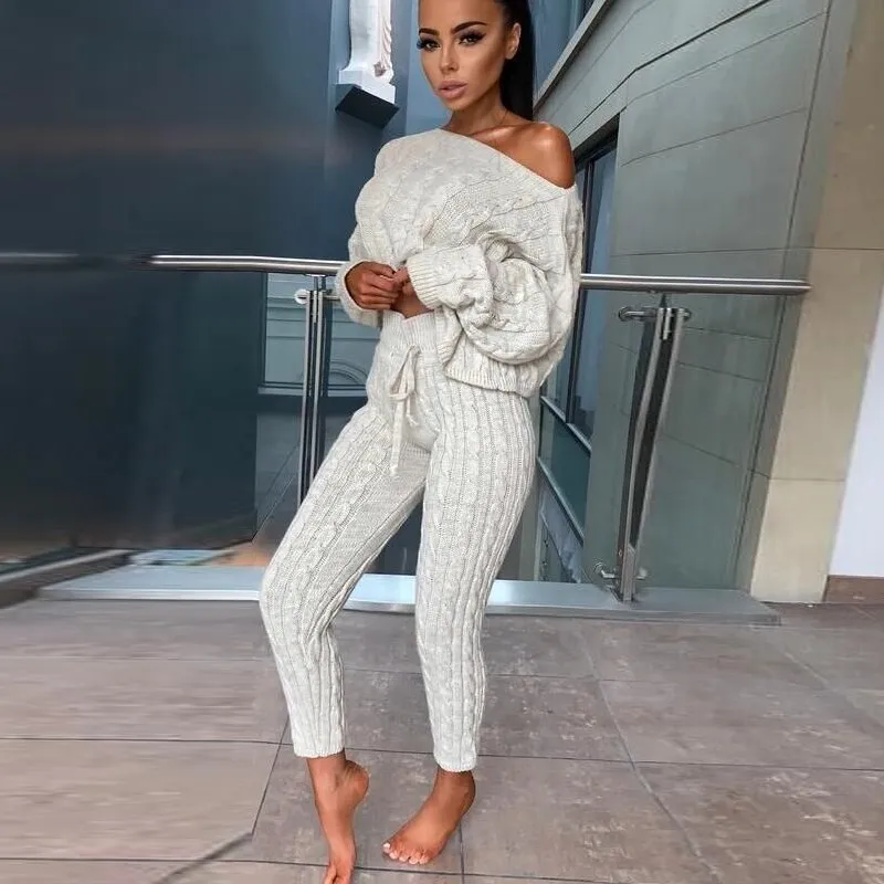 

Women Elastic Waist Loose Pants Suits Female Solid Knitted Sweater Jumper Top Casual Two Piece Sets