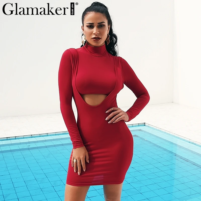 

Glamaker Hollow out knitted dress Women sexy two-piece suit long sleeve short mini dress winter club crop turtleneck party dress