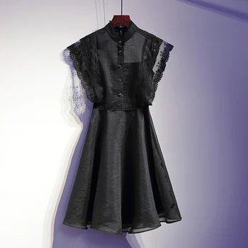 

Trendy Summer Women Black Batwing Sleeve Lace Silks and Satins Dress + Braces Skirt 2 pcs sets Black 19s004