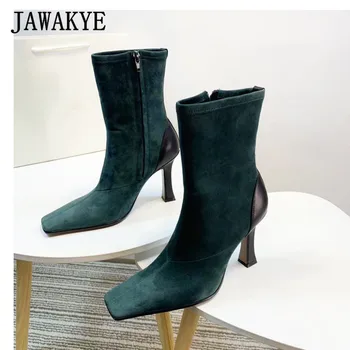 

JAWAKYE Square Toe High Heel Ankle Boots Women Green Suede Fashion Short Party Boots Genuine Leather Black Winter Shoes Woman