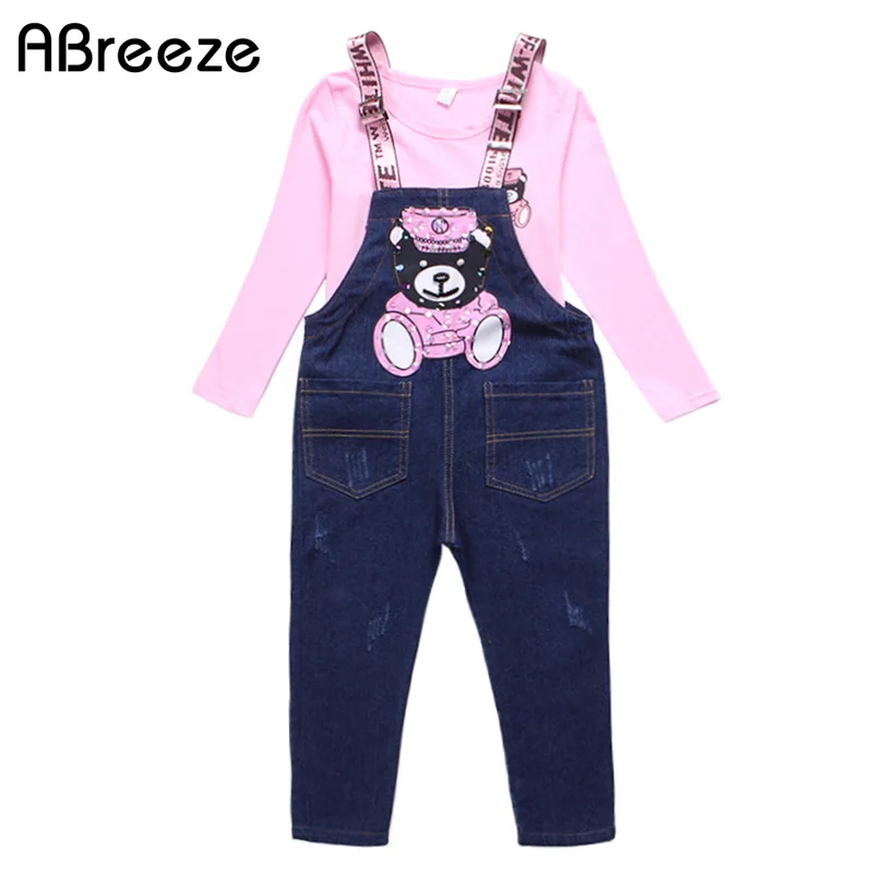

Chic style girls clothing sets 2018 spring new Sequins bear suspender denim pants pink sleeved tee tops 2 pcs clothes teenages