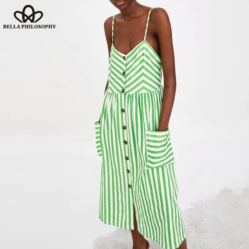 Summer Beach Spaghetti Strap Dress Vintage Sexy Striped Female Midi Dress Casual Single Breasted Sexy Lady Dress Wonder Store