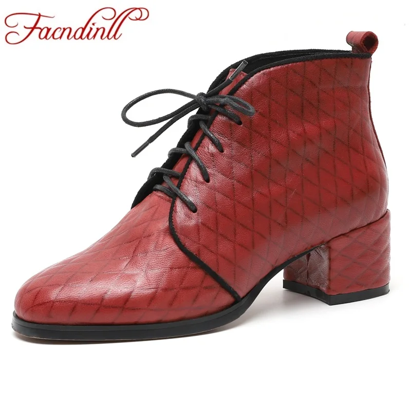 

FACNDINLL new autumn winter women ankle boots genuine leather square heels lace up black lace up woman dress party casual shoes