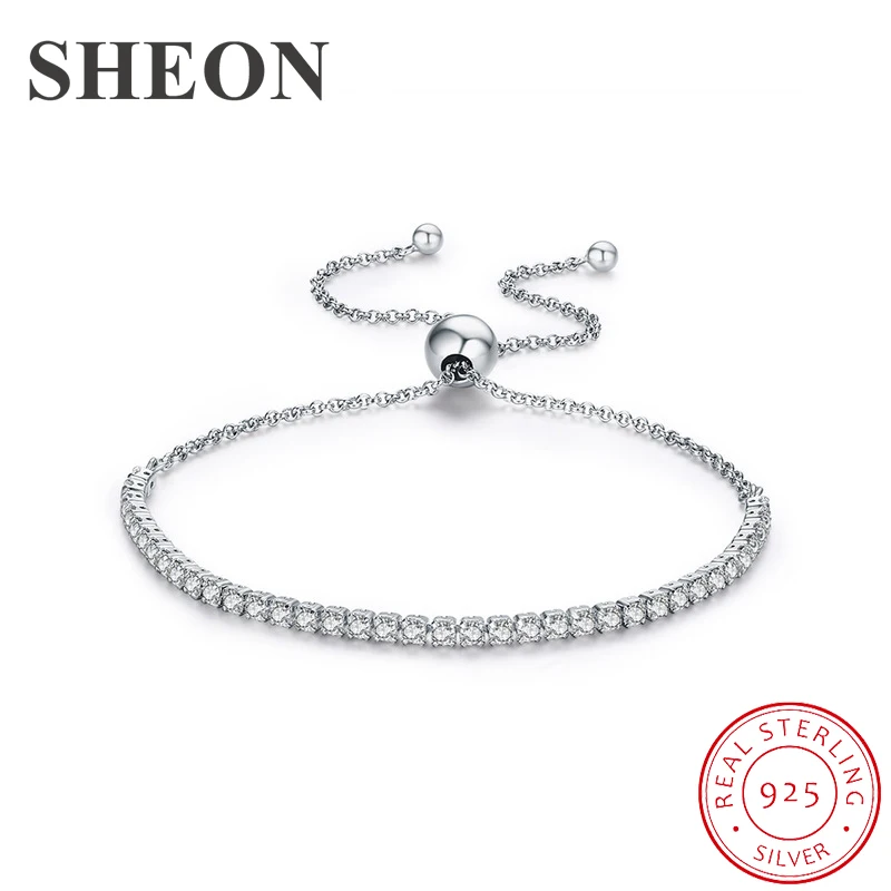 

SHEON Authentic 100% 925 Sterling Silver Sparkling Strand Adjustable Bracelet Women Link Tennis Bracelet Sterling Silver Jewelry