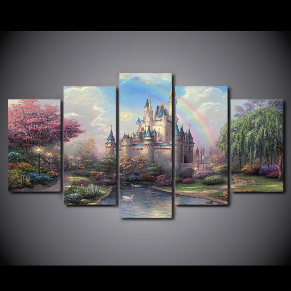 

HD printed 5 piece canvas art cinderellas castle painting wall art livingroom decoration print poster home decor wit frame