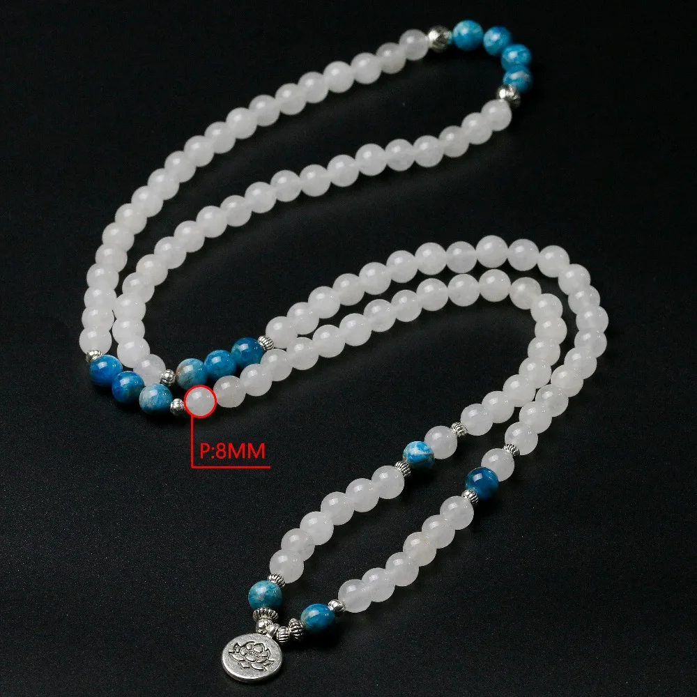 Natural White Chalcedony With Apatite Stone Beads Bracelet Men Women Wing Buddha Yoga Lotus Charm Necklace Unisex Mala Jewelry