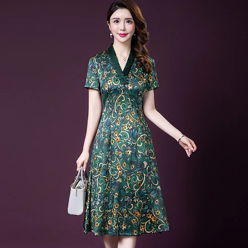 

2019 Spring Summer Fashion Short Sleeve Silk Women Dress New Style Big Code Exquisite Printed Elegant Temperament Female Dresses