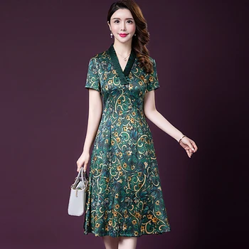 

2020 Spring Summer Fashion Short Sleeve Silk Women Dress New Style Big Code Exquisite Printed Elegant Temperament Female Dresses