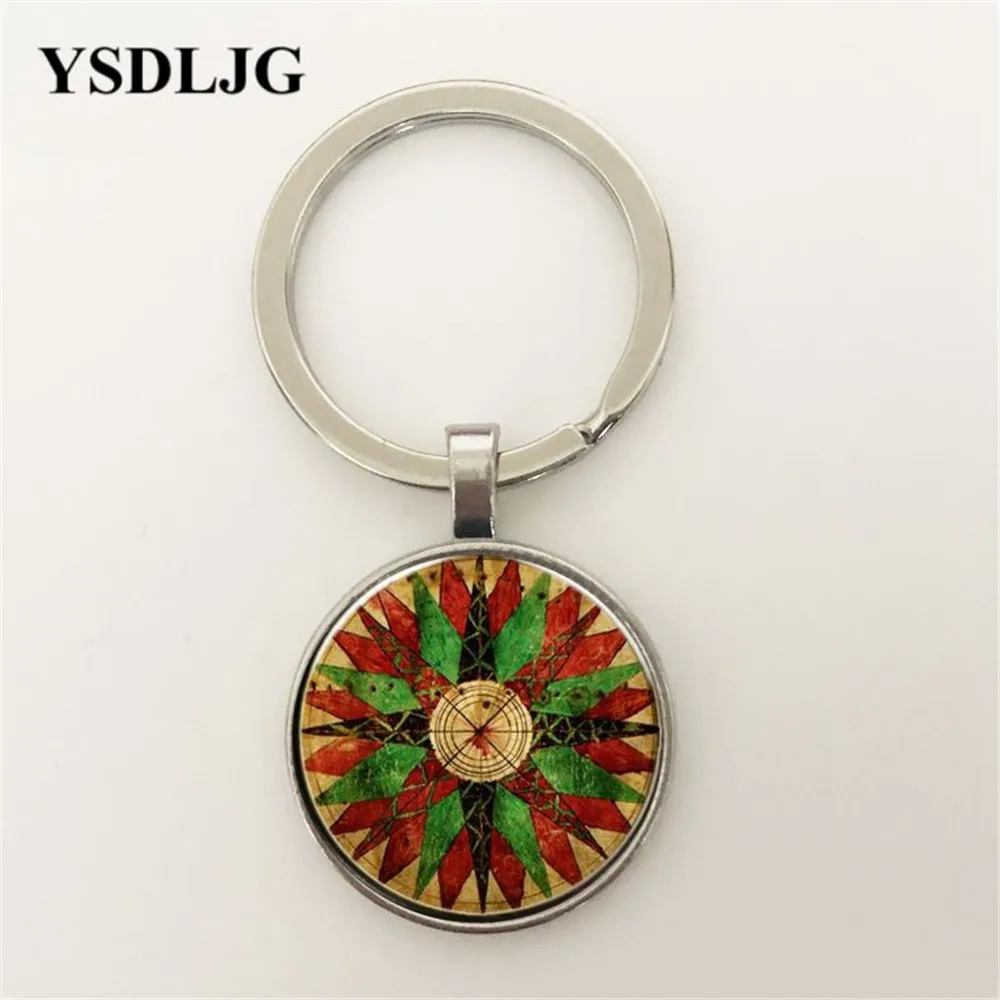 

Vintage Cabochon Glass Chain Pendant Keyring for Women Sacred Geometry Mandala Keychain Round Key chains Glass Jewelry Keyrings