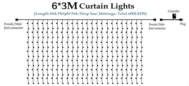 6 м* 3 м 600 светодиодов оконная гирлянда для штор сказочная лампа 600 лампочка соединяемый женский/Мужской Разъем Рождественский Свадебный декор гирлянды