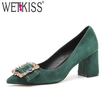 

WETKISS Summer Kid Suede High Heels Women Pumps Crystal Pointed Toe Shallow Shoes Woman 2018 New Autumn Office Female Shoes