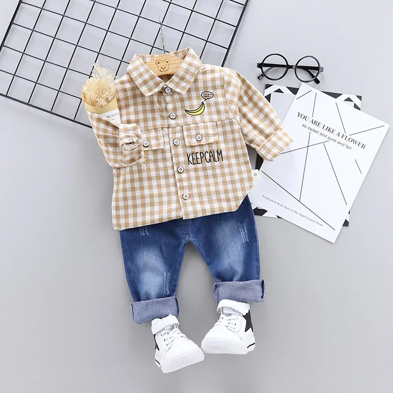 Комплект одежды для малышей, одежда для мальчиков и девочек, клетчатая рубашка+ джинсы, комплекты из 2 предметов на весну и осень