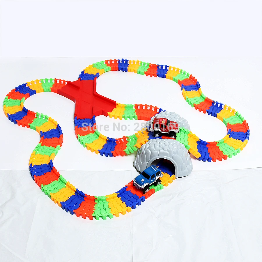 Magic Track Build-A-Road with Over 11 Feet of Interchangeable bend Flexible X-Track set with 2 elec