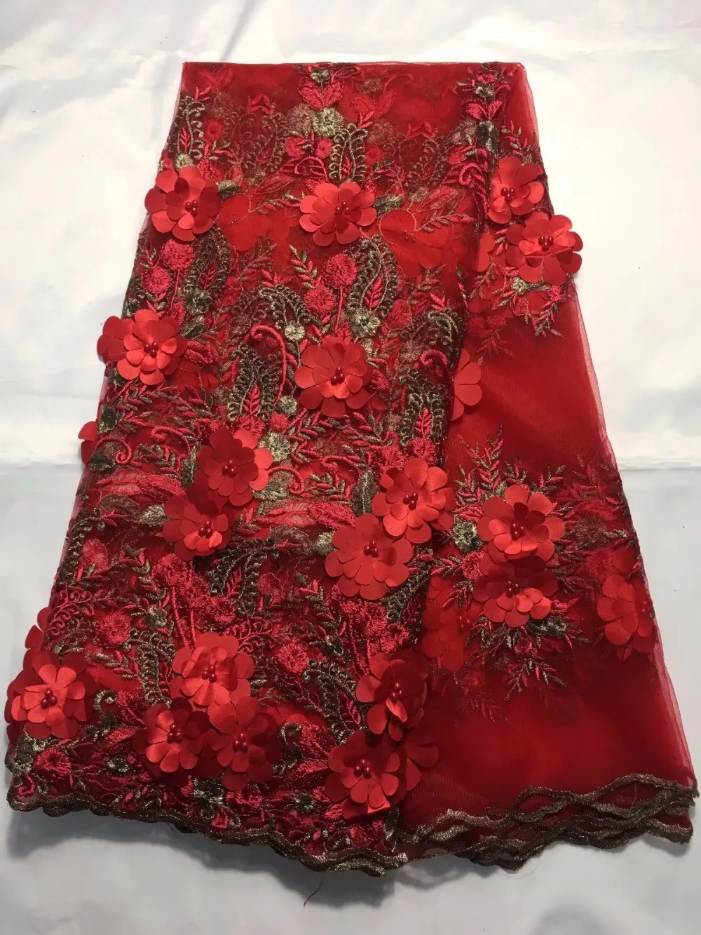 

RED 3D Latest China Style Plum Blossom Branches Embroidery Lace Fabric African French Net Tulle Dress Lace Cloth