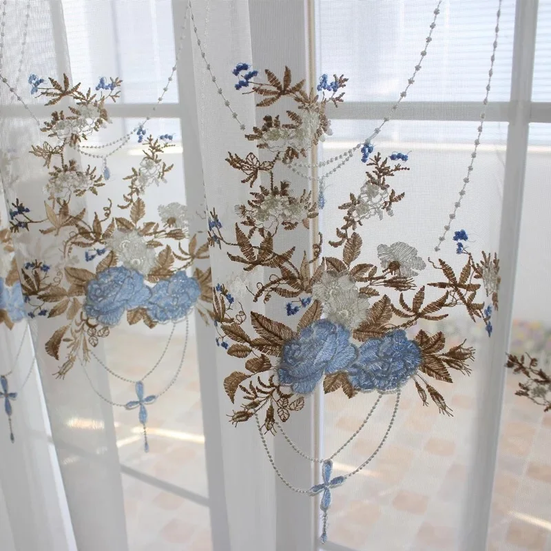 Вышитые прозрачные панели тюль занавес для гостиной балкон органза ткани Европейский Стиль Окна M063& 30 - Цвет: Синий
