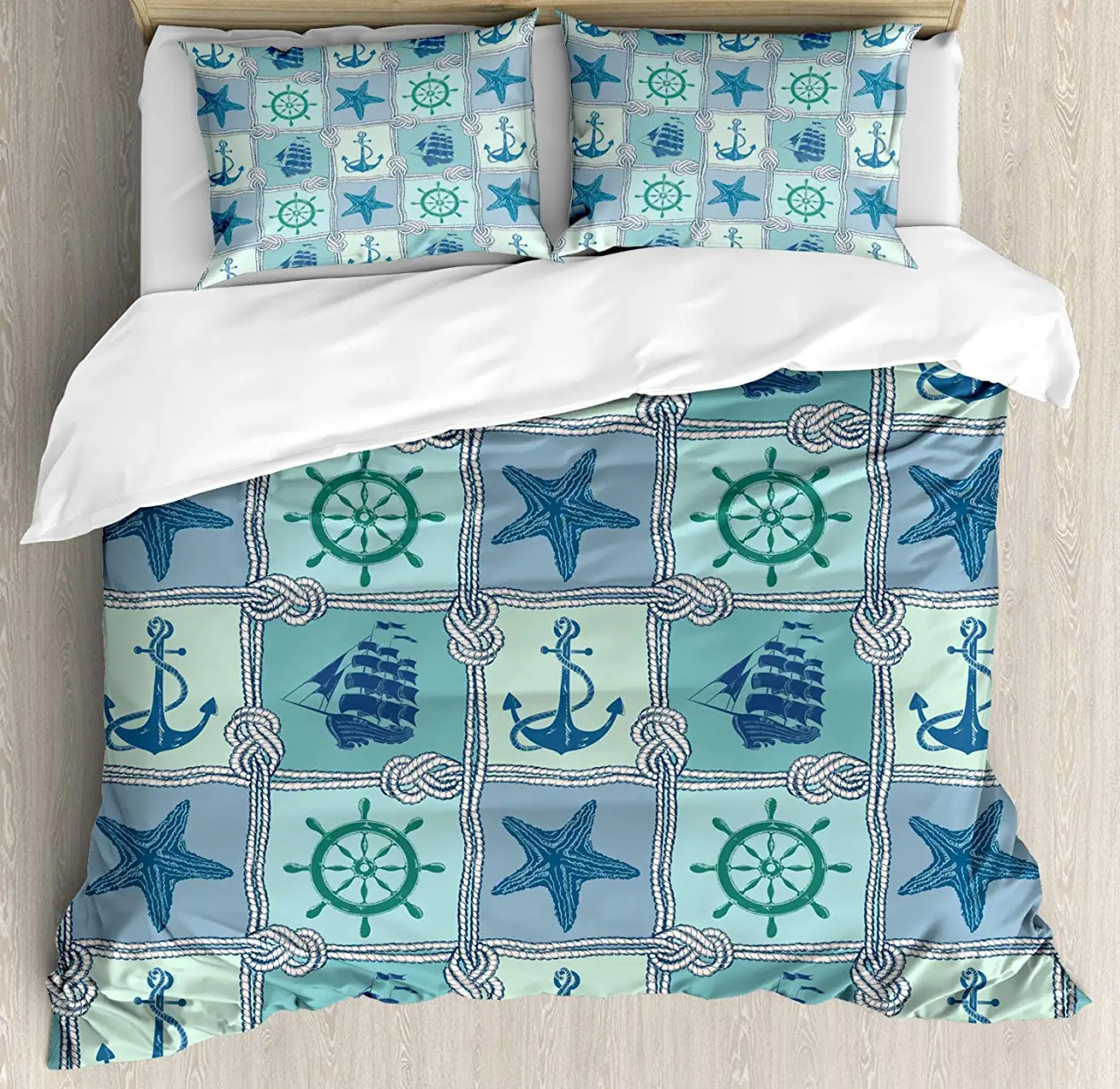 

Wheel Duvet Cover Set King Size Nautical Patchwork Pattern Starfish Sailing Ship Anchor and Wheel 4 Piece Bedding Set