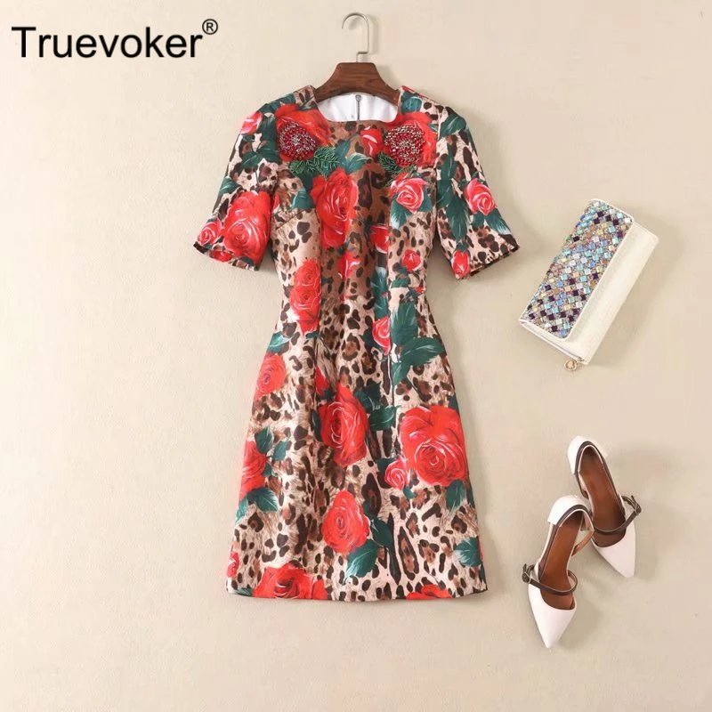

Truevoker Designer Runway Dress Women's Short Sleeve Red Rose Floral Leopard Printed Beading Diamond Embossed Vestidoes