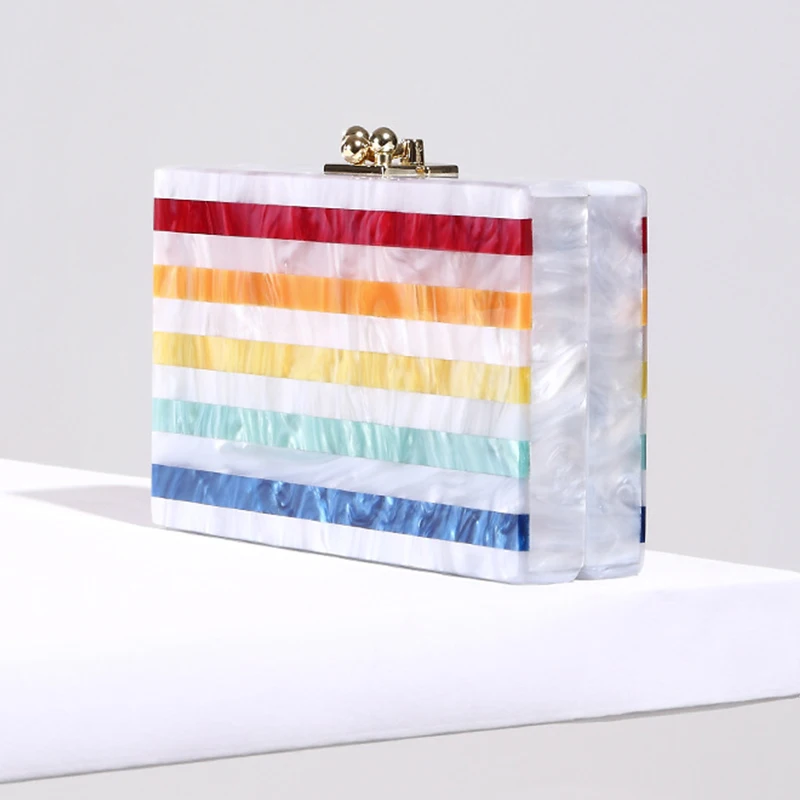 Multicolor Stripe Patchwork Lady Clutch Bag Luxury Designer Acrylic Bag Purse New Exquisite Women Handbag Chain Shoulder Bag