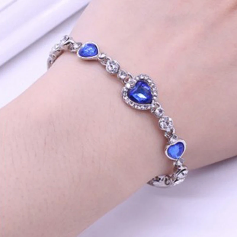 Мода океан жесткий браслет в виде сердца Синий Кристалл Стразы Браслеты для женщин Свадебные Ювелирные изделия Подарки FSPSL205
