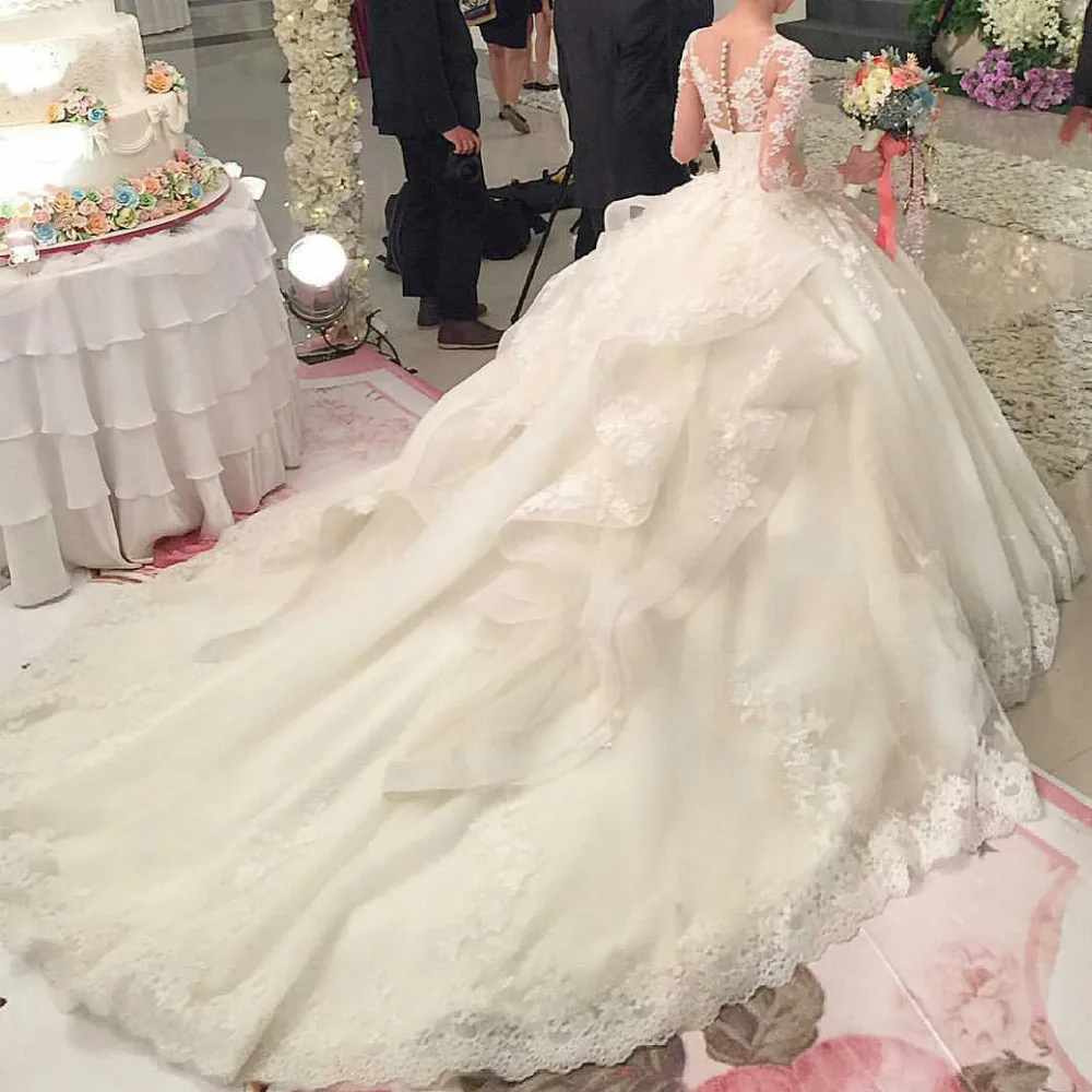 Vestidos de novia элегантное роскошное свадебное платье с кружевным цветком Иллюзия шеи с длинными рукавами Королевское бальное платье для процессии свадебное платье es