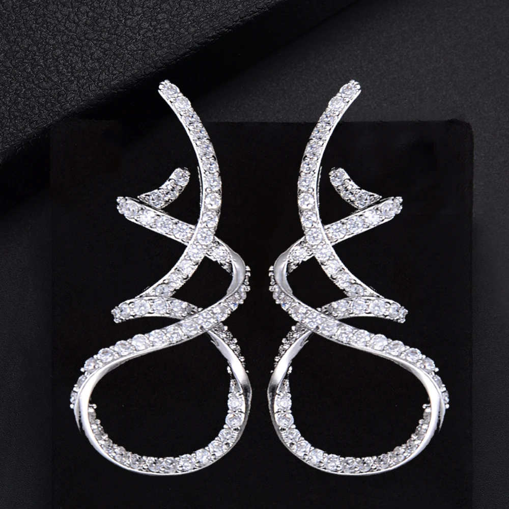 38mm Women Unique Irregular Twine Geometric Full CZ Stud Earrings For Bridal Engagement Earrings Jewelry