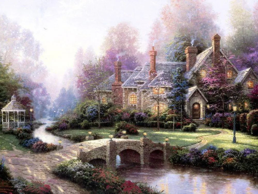 

T K Painting:by lake small bridge scenery