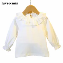Весенняя осенняя хлопковая детская блузка белые оборки с длинными рукавами топы для девочек кофточки для маленьких девочек блузка для девочек рубашка JW0330