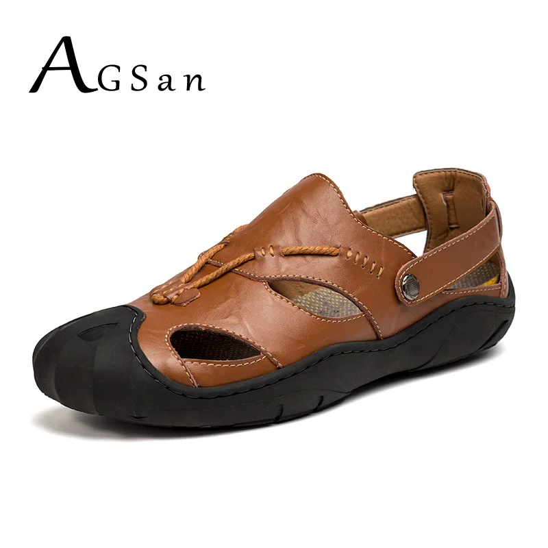 

AGSan Summer Men Casual Shoes Breathable Genuine Leather Sandals Black Big Size 38-46 Mens Slippers Comfortable Zapatos Hombre