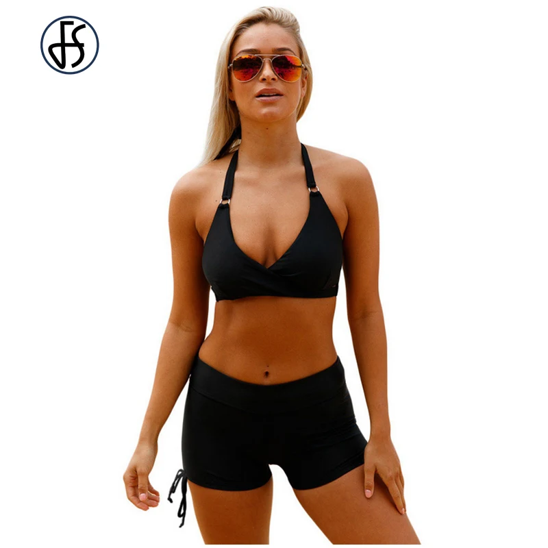

FS Female Backless Swimsuit Boxer Bikinis Set Black Rose Cross Halter Brazilian Swimwear Swimming Short For Women Bathing Suits