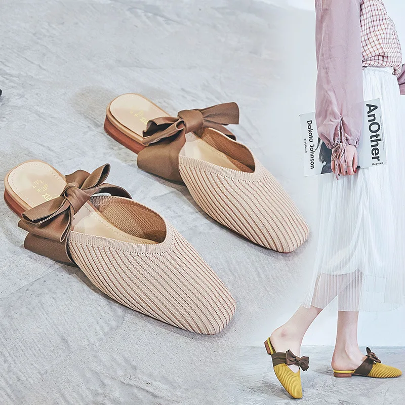 

Women Slippers Knitted Low Heel Spring Summer Mules Shoes Woman Fashion Slides Square Toe Slip On Ladies Botknot Sandals SH05300