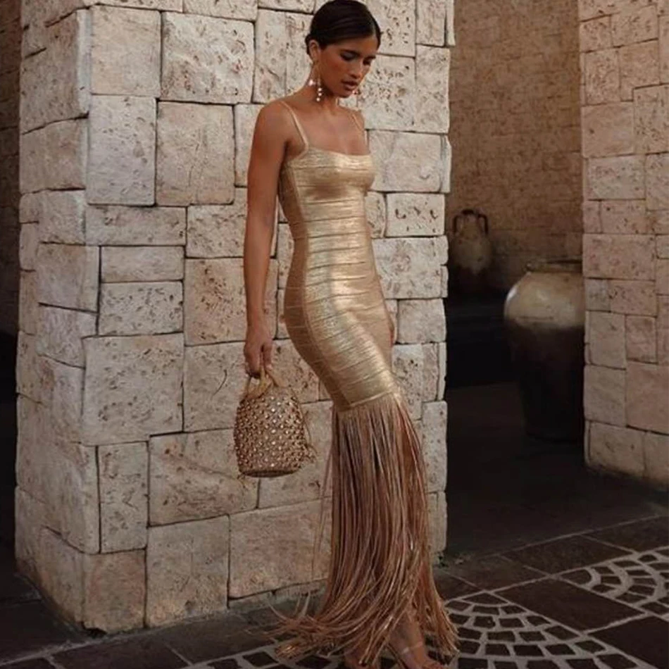 

Adyce 2019 New Summer Maxi Tassels Women Bandage Dress Vestidos Sexy Sleeveless Fringe Club Dress Celebrity Evening Party Dress