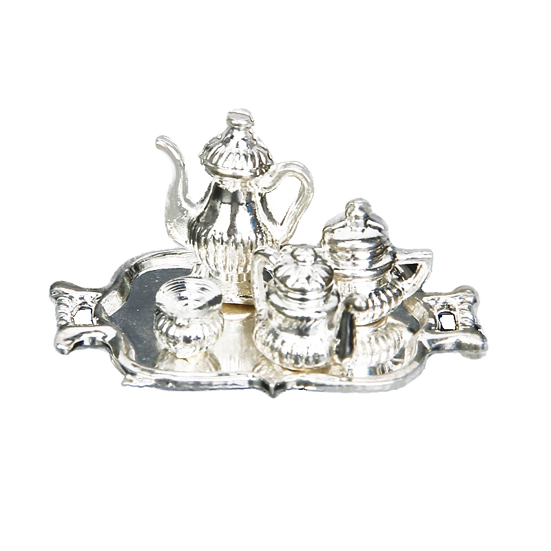 

Dolls house Miniature Vintage Silver Tea Coffee Cups Tray Set Tableware 1/12