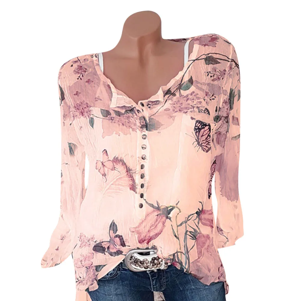 Прямая поставка, хит, Женская Повседневная летняя шифоновая рубашка на пуговицах с цветочным принтом размера плюс, блуза с асимметричным подолом, Ropa de mujer