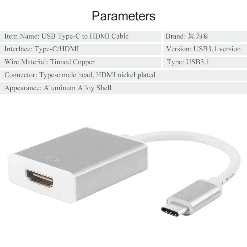 Type-C к HDMI Кабель-адаптер папа-мама(Thunderbolt3 совместимый) к HDMI USB 3,1 алюминиевый тип C для MacBook Chromebook