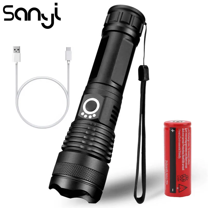 

SANYI 20000 Lumens Flashlight Zoom USB Rechargeable 18650 Battery Outdoor Camping Powerful LED Torch 5 Modes Bright Lighting