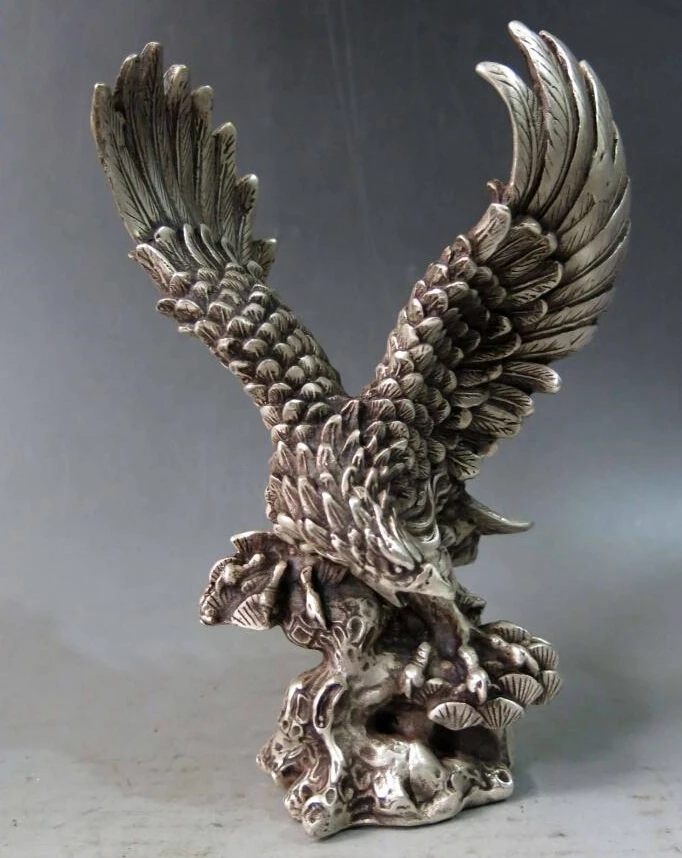 

8" China silver carved fina Realize one's ambition eagle Sculpture Statue discount 30%