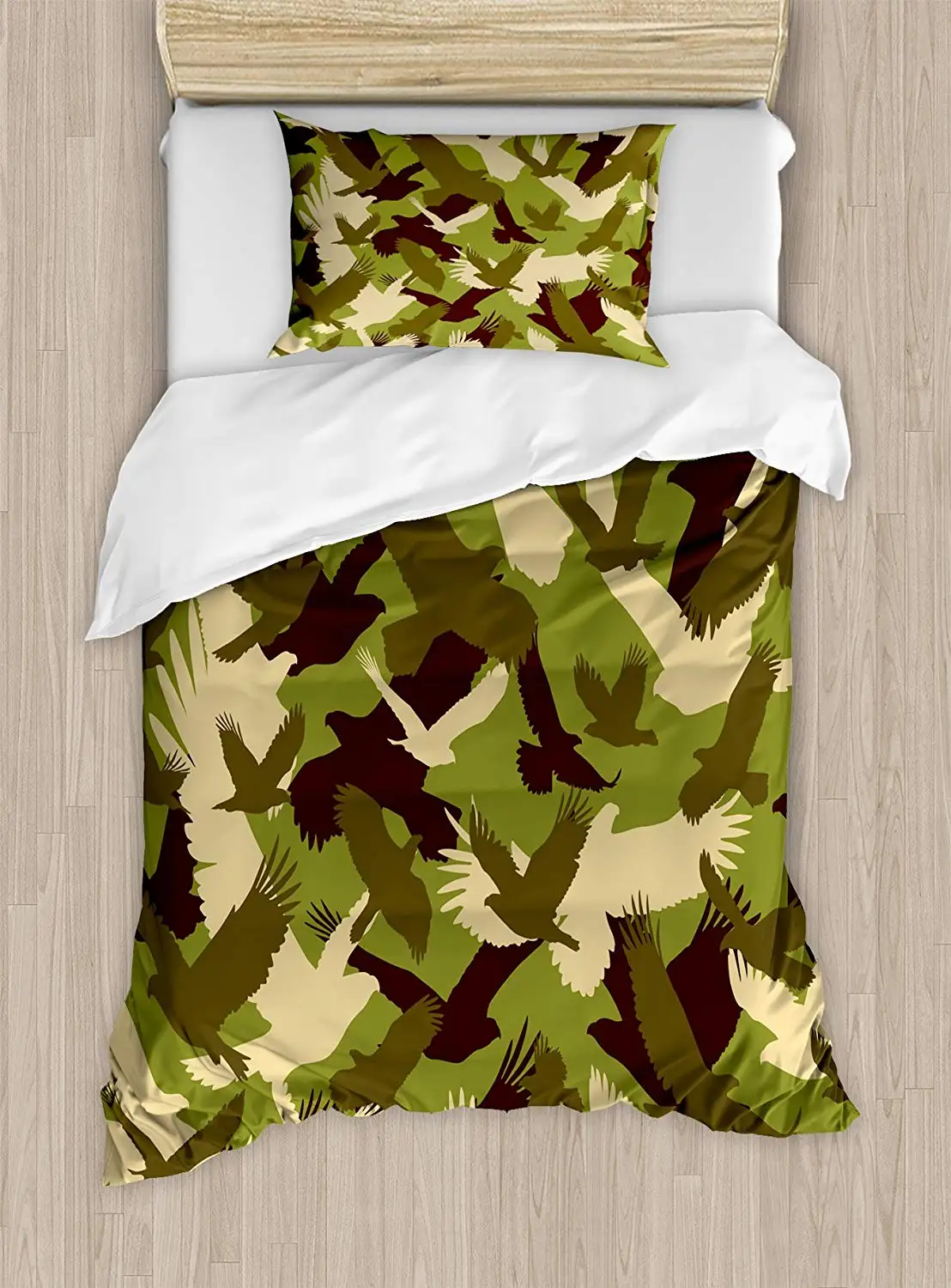 

Camo Duvet Cover Set Eagle Silhouettes Flying Open Wings Falcon Hawk Armed Forces Theme 4 pcs Bedding Set