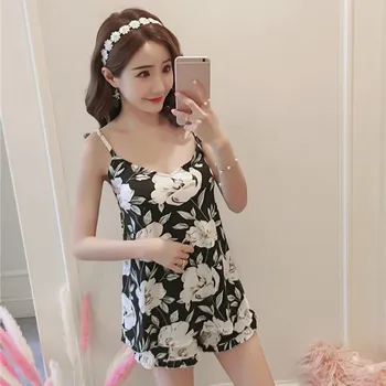 

Female Casual Loose Pajama Set Flower V Neck Sleeveless Sleepwear Womens Nightgowns
