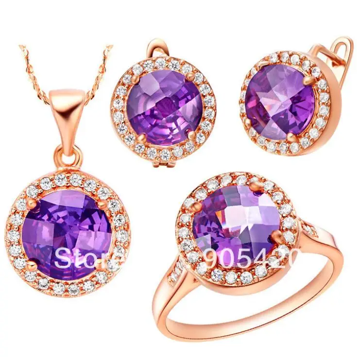 

OMH wholesale fashion rose gold purple&red crystal round shape Women girls gift Necklace + Earrings+Ring Jewelry setsTZ62