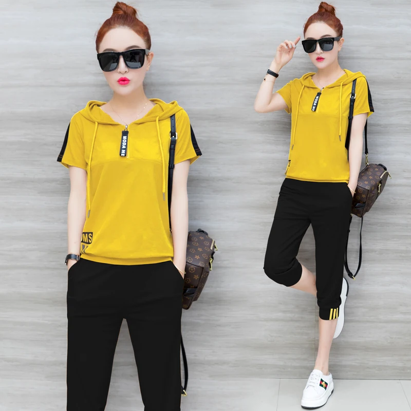 

Yellow 2 Piece Set Outfits Sportswear Co-ord Set Tracksuits for Women Plus Size Hoodies Top and Pants Suits 2019 Summer Clothing